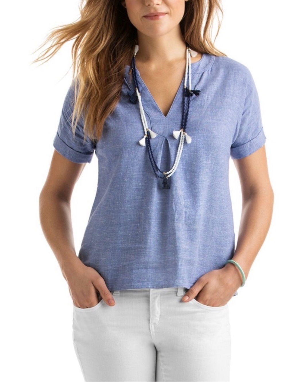 Vineyard Vines Dolman Light Blue Short Sleeve V-Neck Top linen blend
